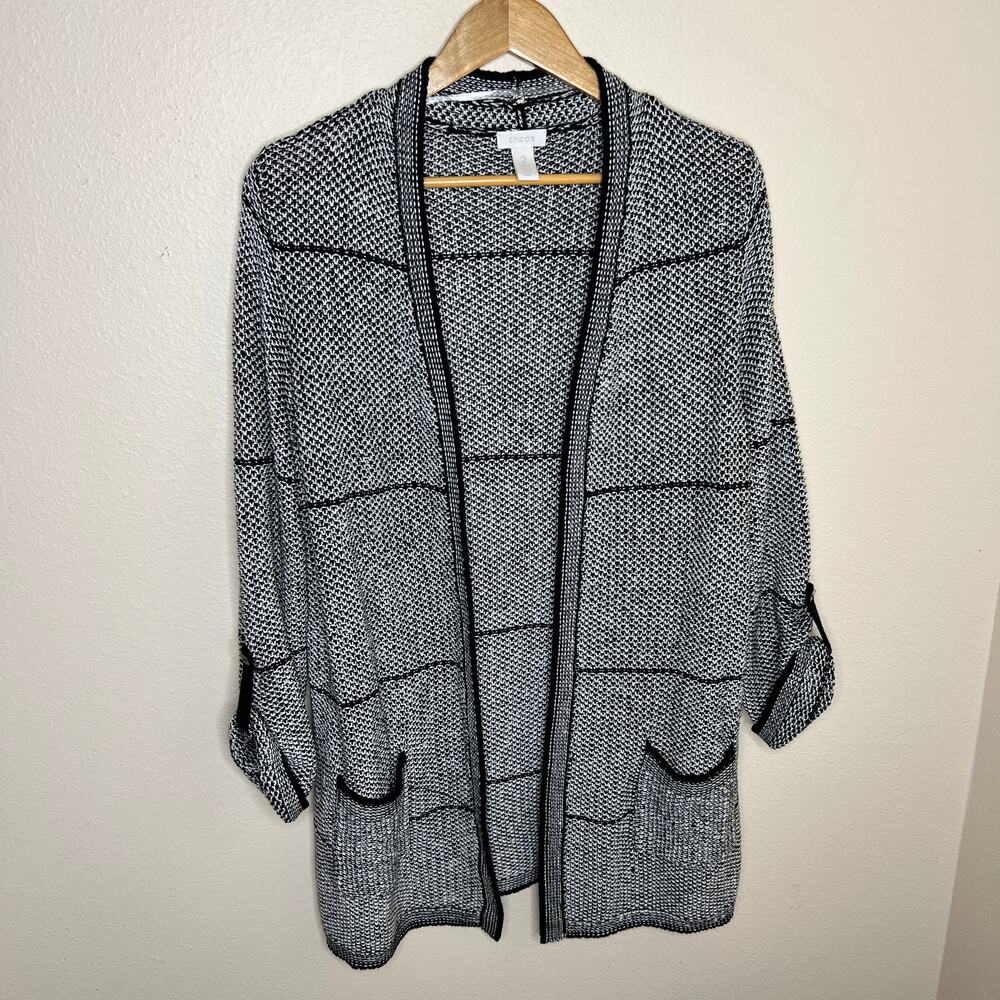Chicos Black White Open Front Cardigan 2, Large